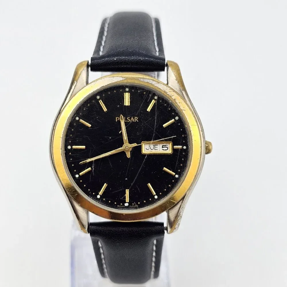 VTG Pulsar Men Watch 38MM Black Dial Dial Day Date New Leather Band New‎ Battery